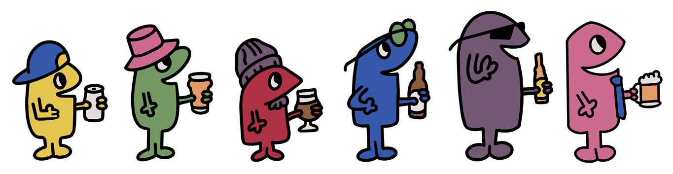 The six Birrukis characters lined up, each holding a beer.