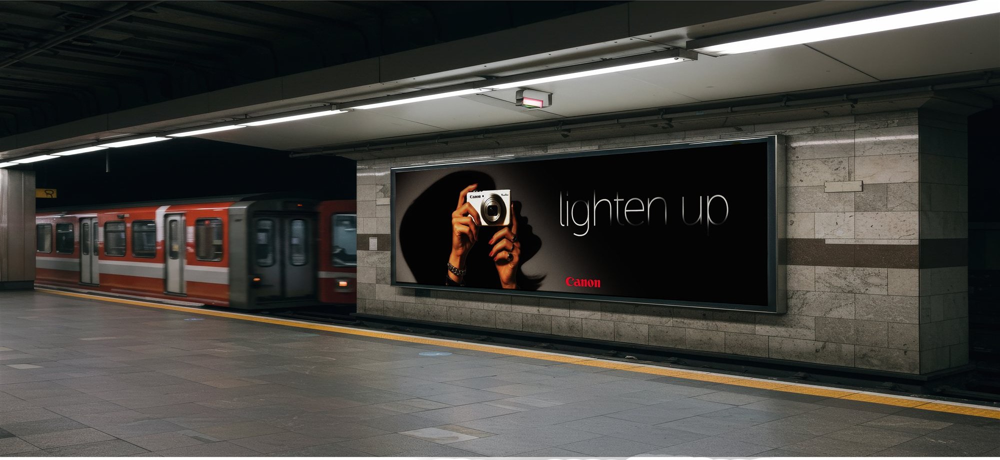 Lighten Up billboard in a subway station.