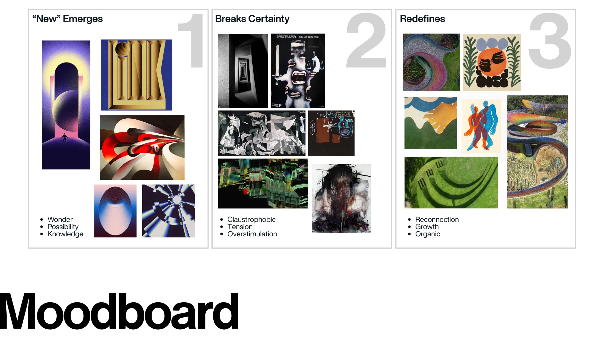 Moodboard in three columns: “New” Emerges (wonder, possibility, knowledge), Breaks Certainty (claustrophobic, tension, overstimulation), and Redefines (reconnection, growth, organic).